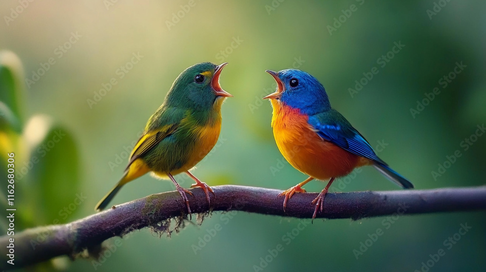 Colorful birds singing together on a branch at sunset in a lush environment Colorful birds singing together on a branch at sunset in a lush environment