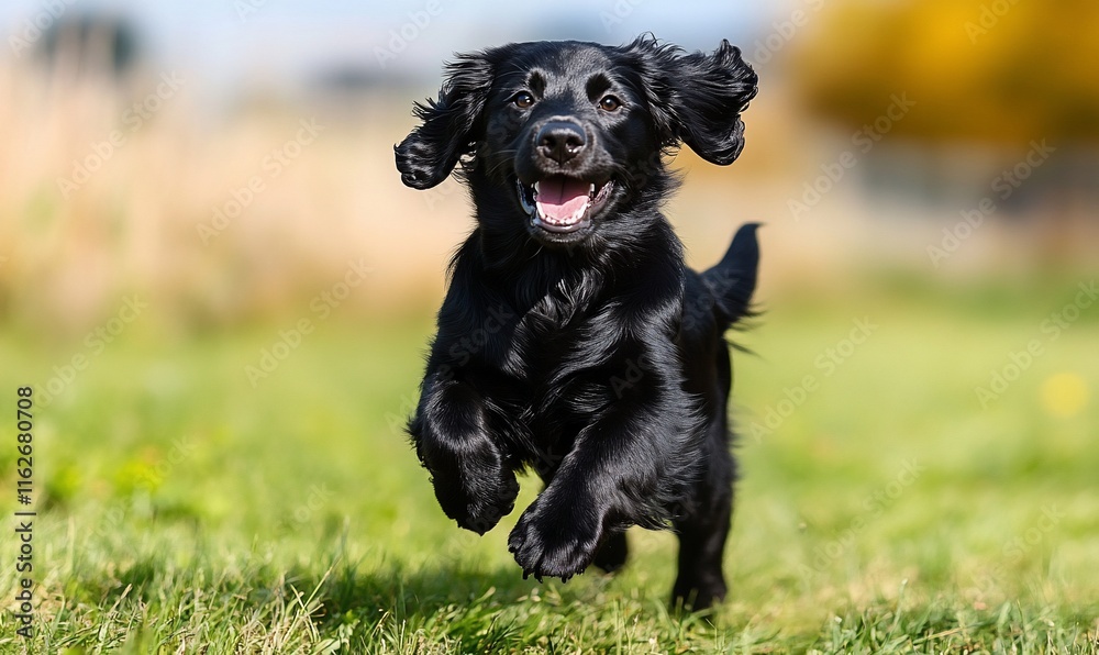 Happy black dog running in green grass. Happy black dog running in green grass.