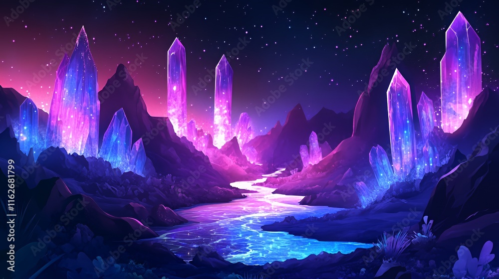 Fototapeta premium Glowing Crystal Mountainscape Nighttime Fantasy River
