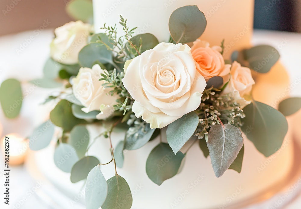 Obraz premium Elegant Wedding Cake Decor: Closeup of Creamy Roses and Eucalyptus