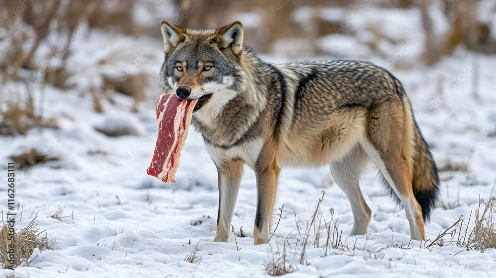 Wolf carries a piece of meat in a snowy landscape during the winter season Wolf carries a piece of meat in a snowy landscape during the winter season