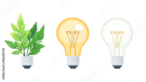 Save energy icon with with a stylized light bulb incorporating green leaves in three variants, one with no text, other with caption