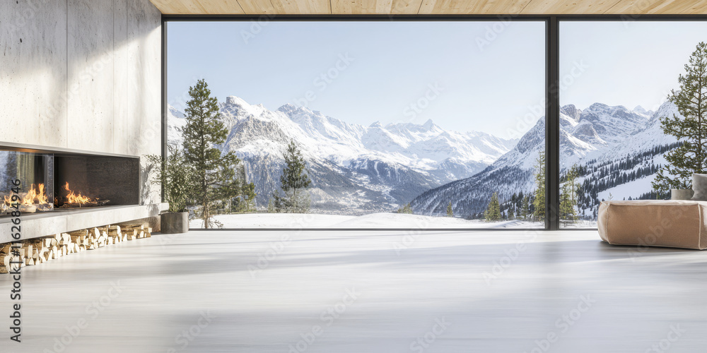 Fototapeta premium Modern interior with fireplace and stunning mountain view in winter landscape