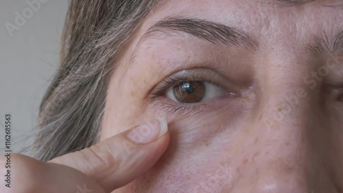 Close-up of a woman's face with grey hair, examining her bags under her eyes and swollen upper eyelids. Concept of plastic surgery of the face, eyelid lift, blepharoplasty, cosmetology, lymphatic drai