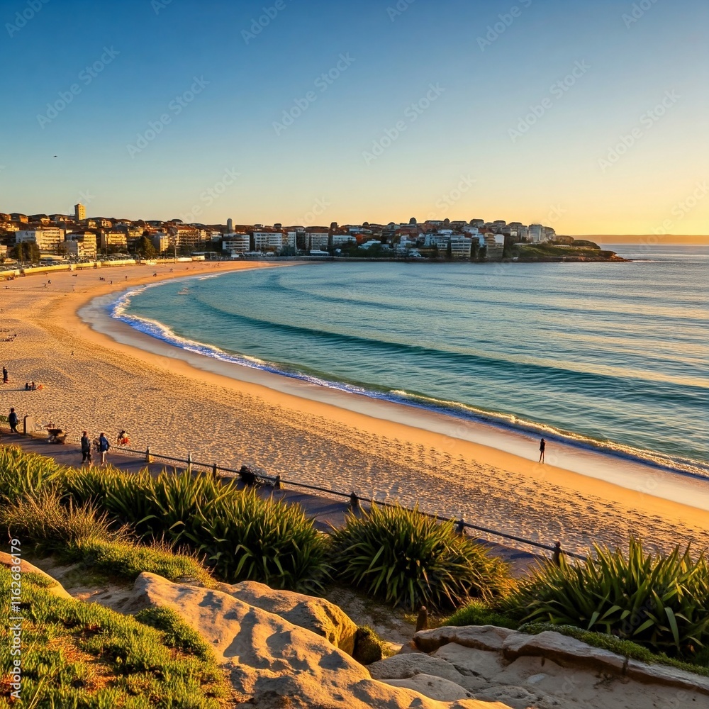 Obraz premium The iconic Bondi Beach at sunrise, with golden sand and early risers enjoying the cool morning breeze.