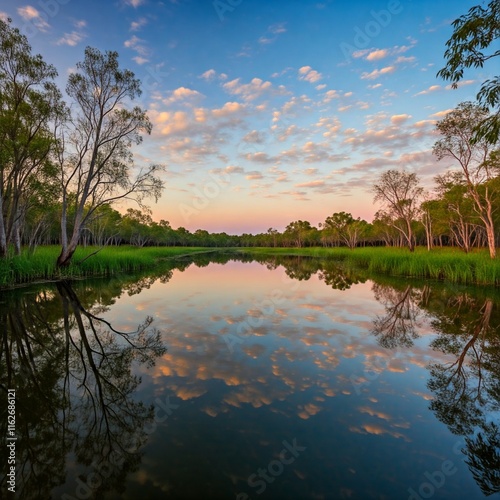 A serene billabong in Kakadu National Park, with still waters and the soft hues of dawn.
 photo