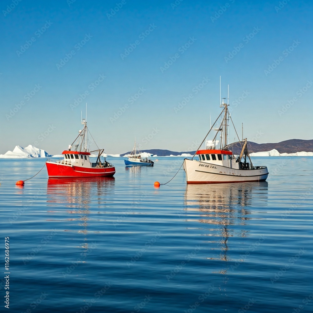 A Greenlandic harbor surrounded by icebergs, early morning light reflecting off the water, with fishing boats gently swaying.
A Greenlandic harbor surrounded by icebergs, early morning light reflecting off the water, with fishing boats gently swaying.