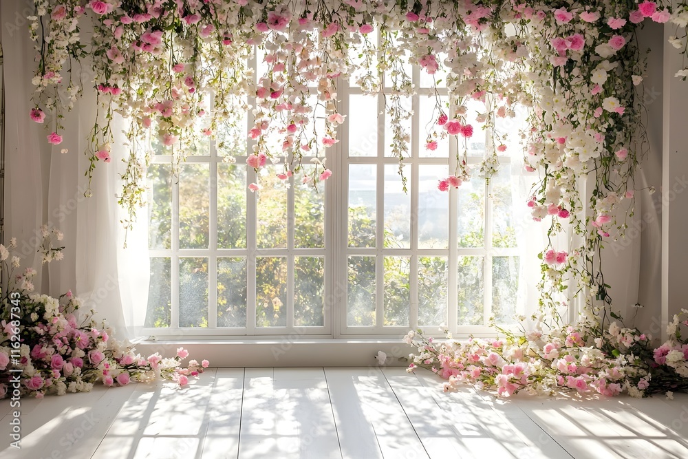 Naklejka premium Background wedding with flowes around glass windows generative AI