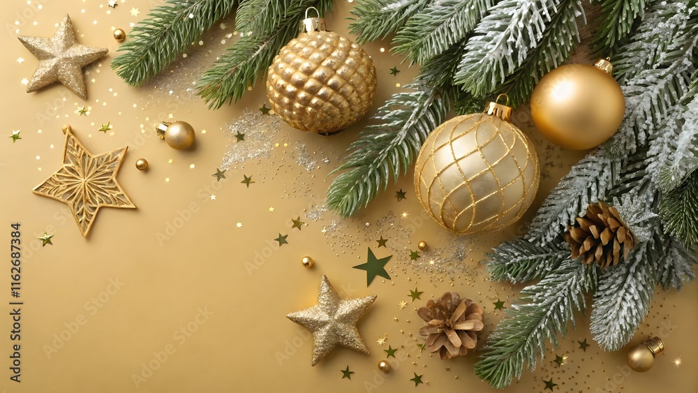 Stylish Christmas and New Year background with gold baubles and bokeh lights. Greeting cards, web design, holiday flyers Stylish Christmas and New Year background with gold baubles and bokeh lights. Greeting cards, web design, holiday flyers