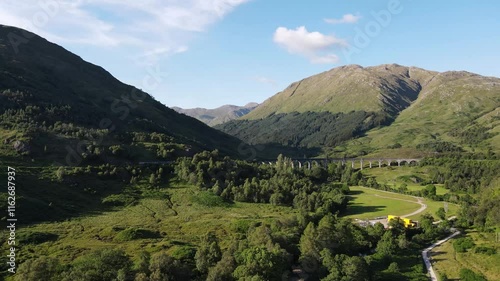 Experience the magic of the Glenfinnan Viaduct as a train gracefully traverses this iconic structure, set against the backdrop of the stunning Scottish Highlands