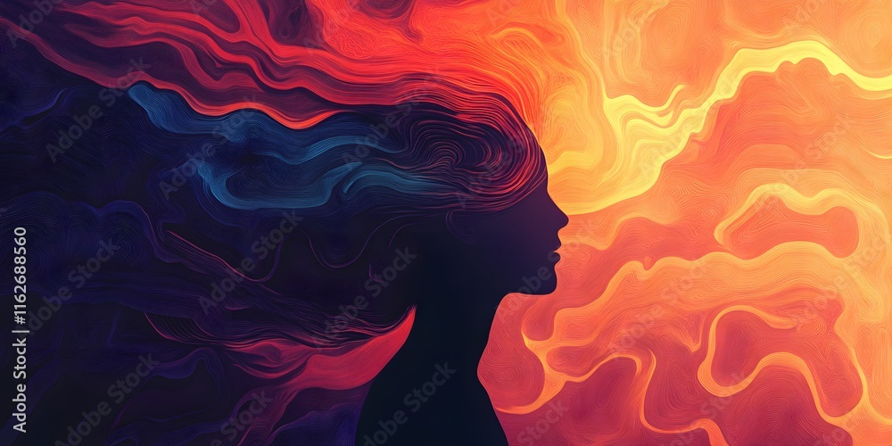 Fiery Abstract Portrait: A Silhouette Woman in a Whirlwind of Colors Fiery Abstract Portrait: A Silhouette Woman in a Whirlwind of Colors