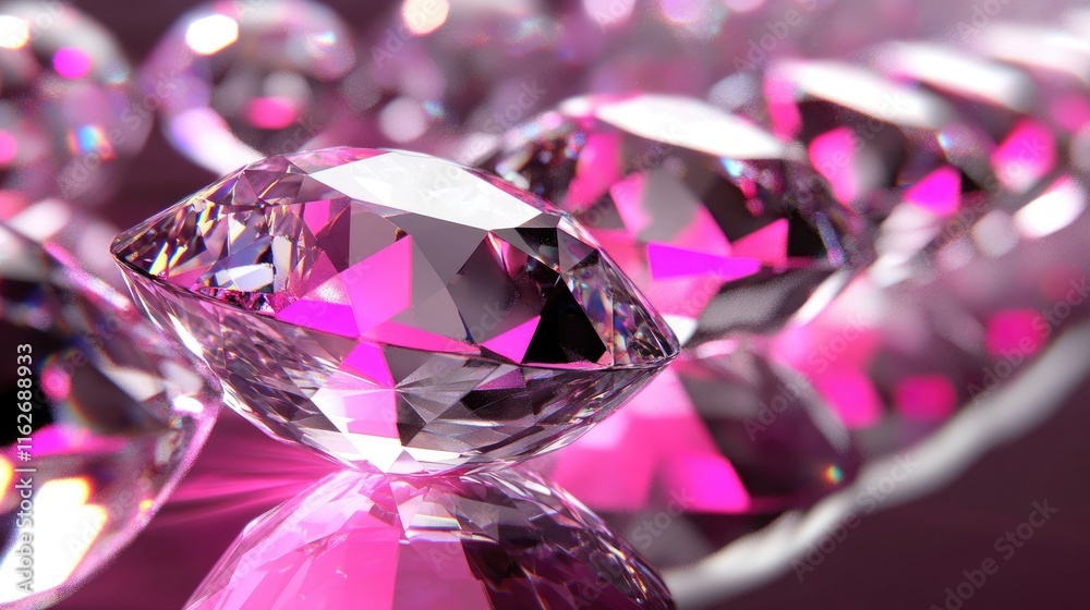 A close-up of sparkling diamonds reflecting pink light, showcasing their brilliance and clarity. A close-up of sparkling diamonds reflecting pink light, showcasing their brilliance and clarity.
