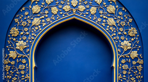 Arabesque floral muslim frame, arabian mosque border motif. Islam arab vector pattern background frame with turkish and maroccan gold flowers and vines on blue background, oriental arched borders photo