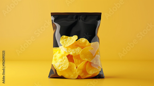 bag of crips, potato chips on yellow background photo