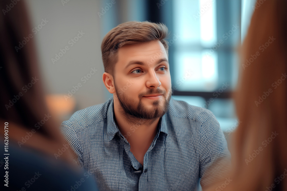 Naklejka premium A confident young man with a friendly expression sitting in a modern office environment, engaged in a thoughtful conversation with colleagues.