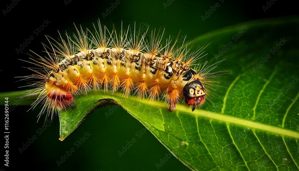 close up of caterpillar eating leaf, caterpillar is on green leaf close up of caterpillar eating leaf, caterpillar is on green leaf