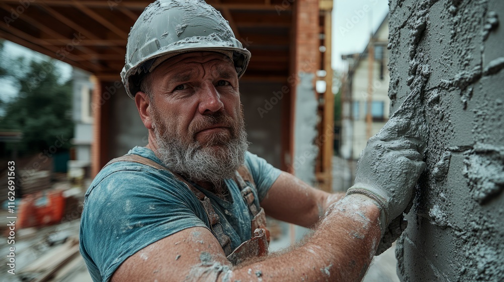 Focused construction worker in a hard hat and gloves spreading cement on bricks at an active building site under construction. Focused construction worker in a hard hat and gloves spreading cement on bricks at an active building site under construction.