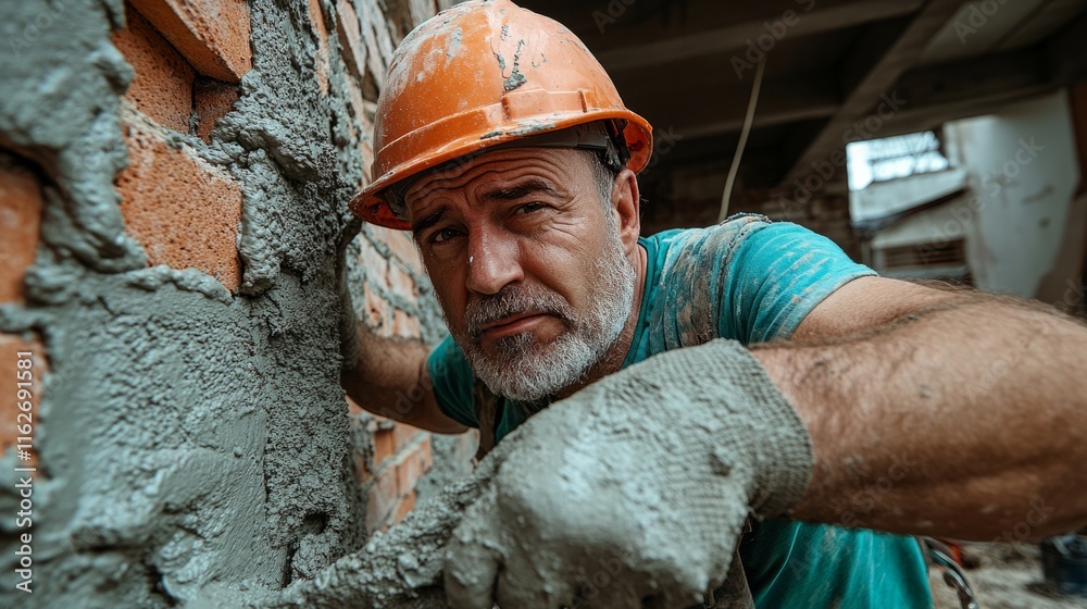 Focused construction worker in a hard hat and gloves spreading cement on bricks at an active building site under construction.