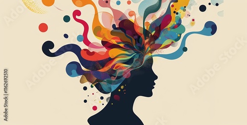 Vibrant abstract art depicting a woman's profile with colorful, flowing hair representing creativity and imagination.