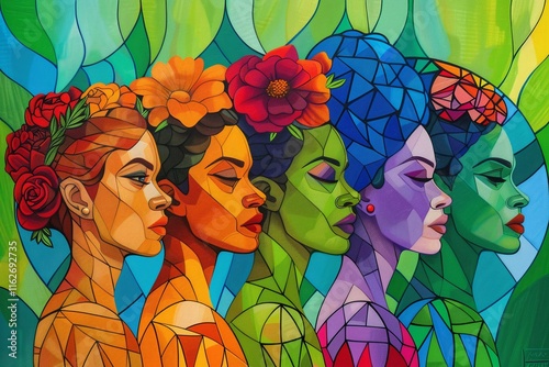 Five women of different ethnicities, adorned with vibrant flowers, are depicted in a striking geometric style.  Their serene expressions and rich colors create a powerful image of unity and diversity. photo