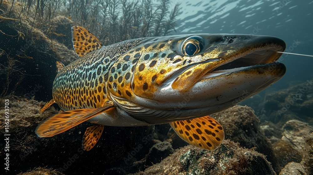 Underwater close-up of a large brown trout with speckled skin, orange fins, and visible fishing line. Underwater close-up of a large brown trout with speckled skin, orange fins, and visible fishing line.