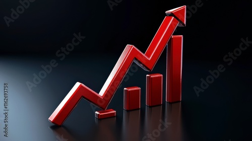 Dynamic Red Graph Displaying Significant Growth Trends with Ascending Bars and Sharp Arrow, Symbolizing Success and Progress in Financial Markets