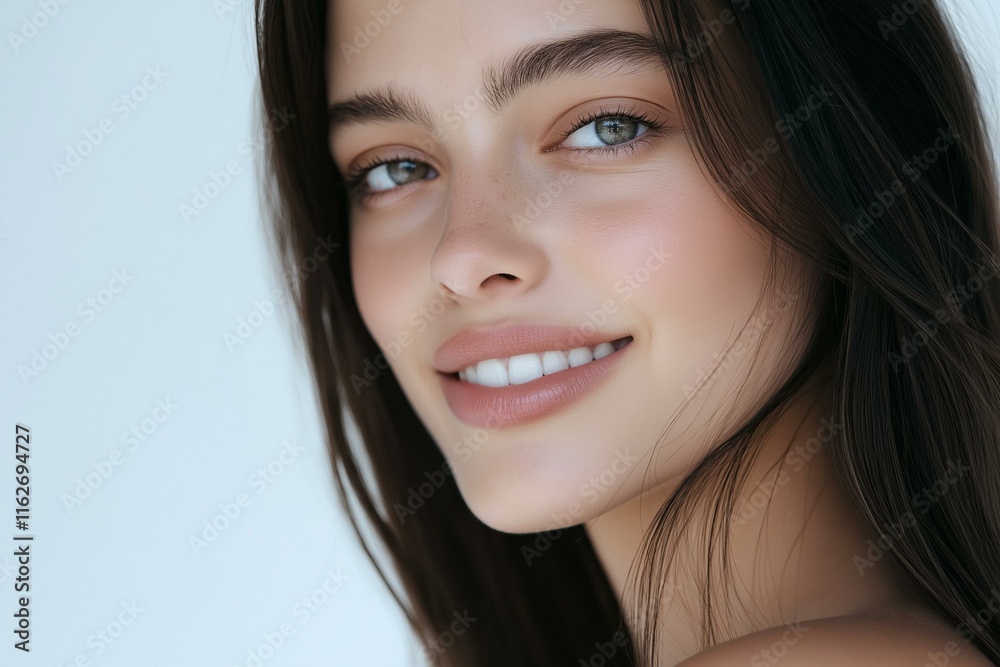 A beautiful young woman smiles confidently, showcasing her natural beauty and radiant skin in a minimalist setting.