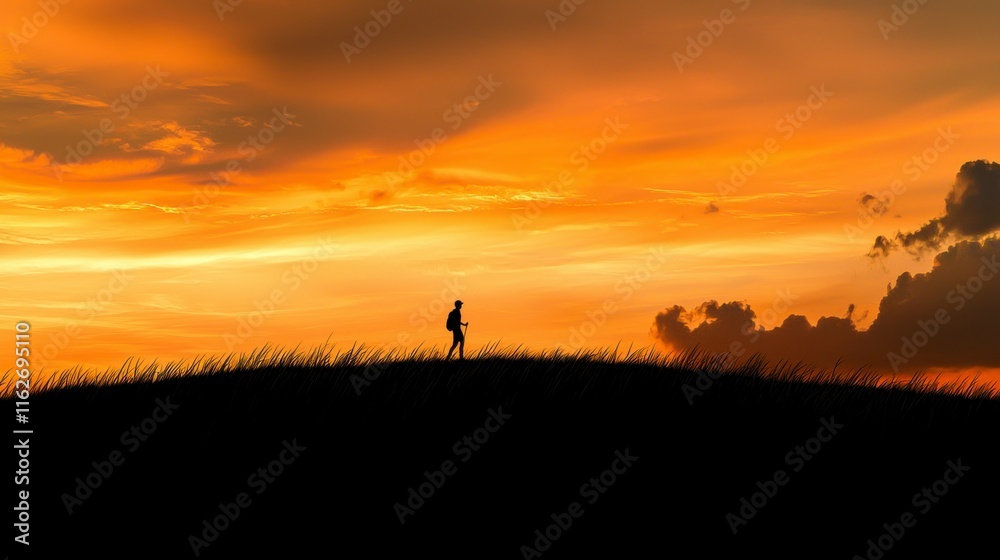 Silhouette of a Solo Walker on a Hill at Sunset with Dramatic Orange and Yellow Sky Surrounded by Clouds and Grassy Terrain Silhouette of a Solo Walker on a Hill at Sunset with Dramatic Orange and Yellow Sky Surrounded by Clouds and Grassy Terrain