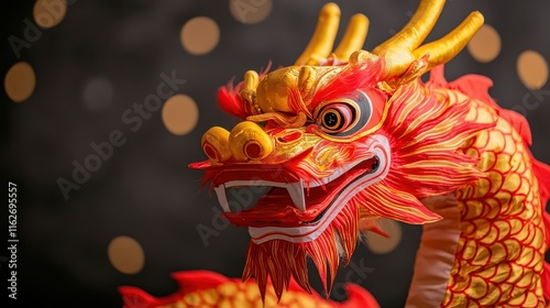 Chinese New Year's Eve Concept, Vibrant Dragon Dance Costume Parts Resting on Stage with Beautiful Bokeh Background Atmosphere