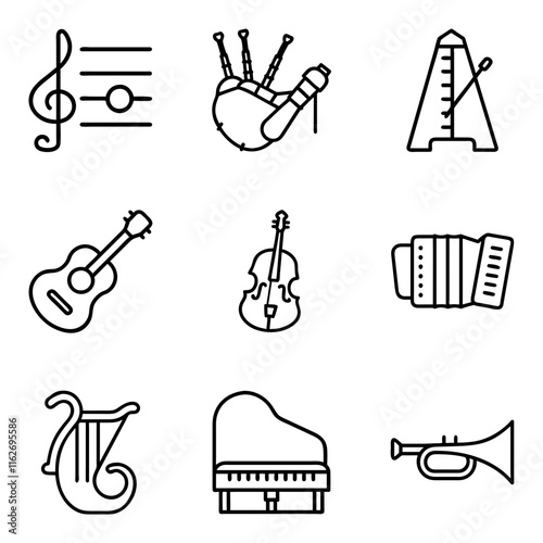 Musical instrument and music icon set in outline style