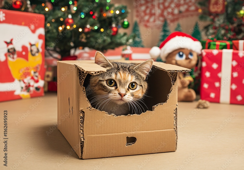 Fototapeta premium Cute Kitten Playing in Cardboard Box Christmas Gift