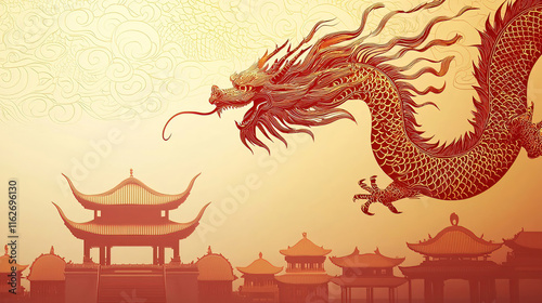 Chinese New Year is filled with vibrant symbolism. Majestic Chinese Dragon Soaring Over Traditional Architecture