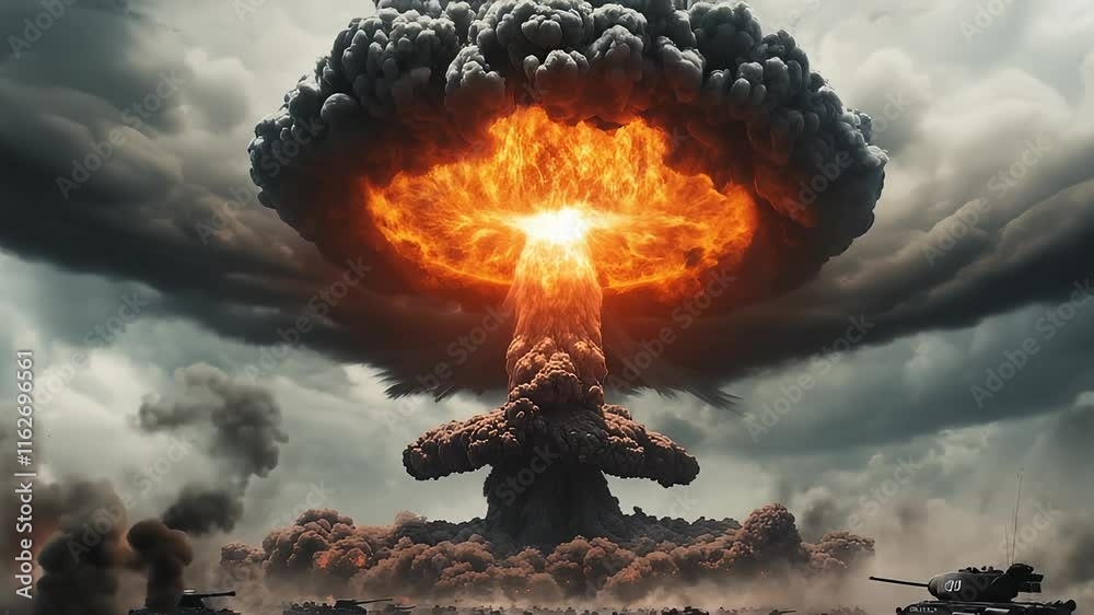 Massive nuclear explosion with fiery mushroom cloud and dark smoke.