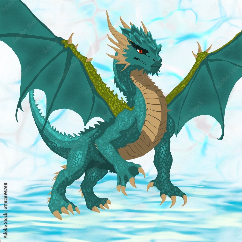 Fototapeta premium A dragon is spreading its wings, preparing to soar into the sky.