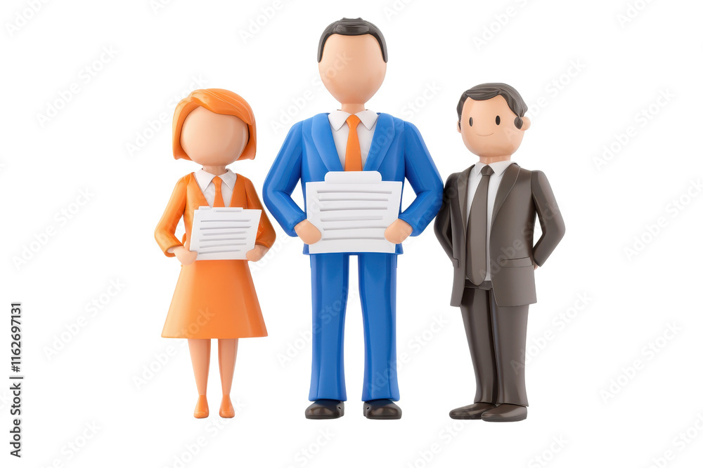 Three cartoon business figures hold documents, dressed in professional attire, representing teamwork and collaboration in a corporate environment. Three cartoon business figures hold documents, dressed in professional attire, representing teamwork and collaboration in a corporate environment.