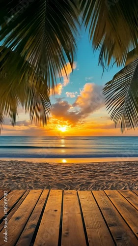 Sunset over tropical beach with palm leaf