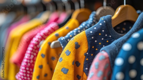 Colorful children's clothes on hangers. photo