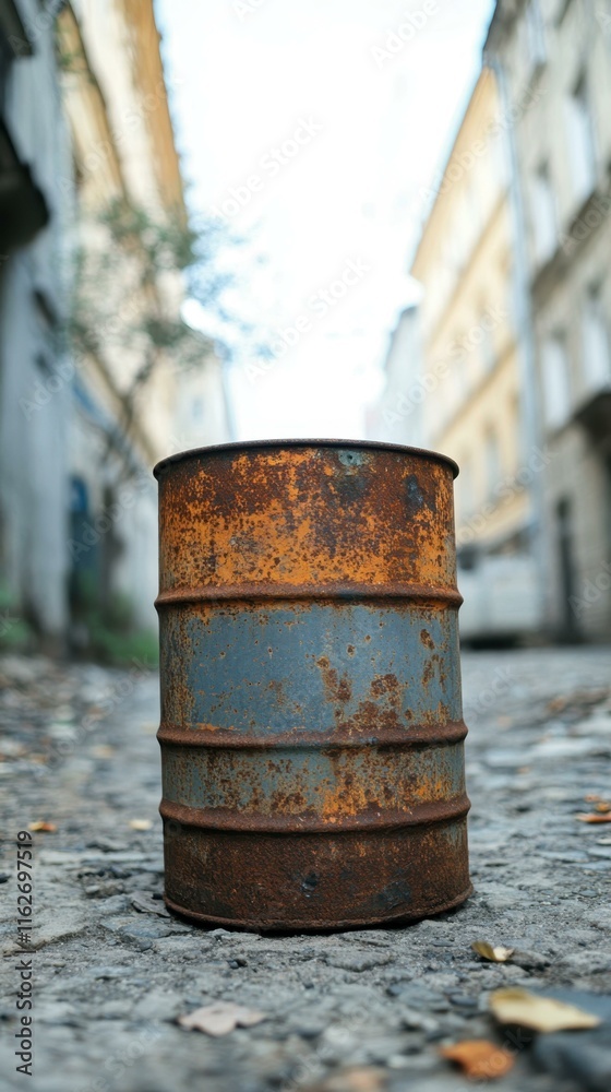 Textured grunge surfaces Rusted metal barrel in alley Textured grunge surfaces Rusted metal barrel in alley