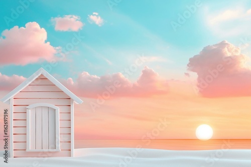 A serene beachfront scene with a pastel-colored house silhouetted by a vibrant sunset over calm waters. photo