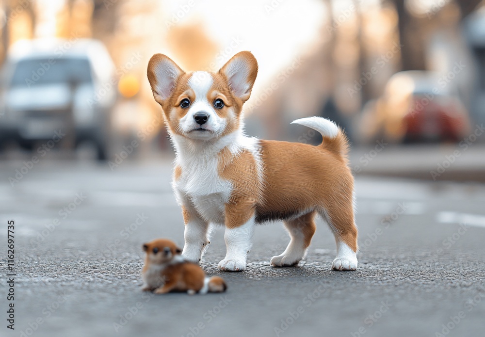 Adorable Corgi Puppy with Tiny Dog on City Street Adorable Corgi Puppy with Tiny Dog on City Street