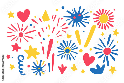 A vibrant celebration of colorful fireworks and festive shapes