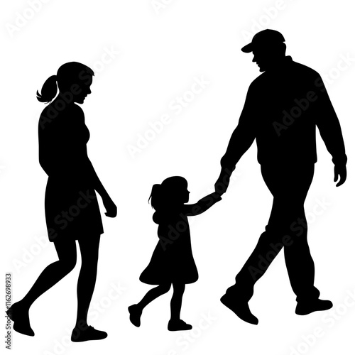  a young daughter walking hand in hand with her mom and dad with silhouette black colour with white background