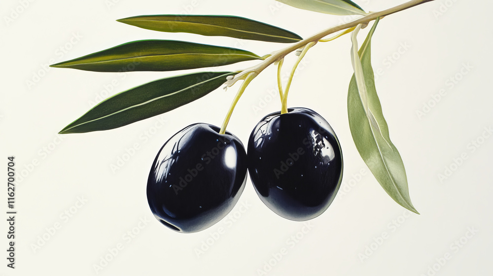 Two ripe black cartoon olives on a leafy green twig for vegetarian food concept design Two ripe black cartoon olives on a leafy green twig for vegetarian food concept design
