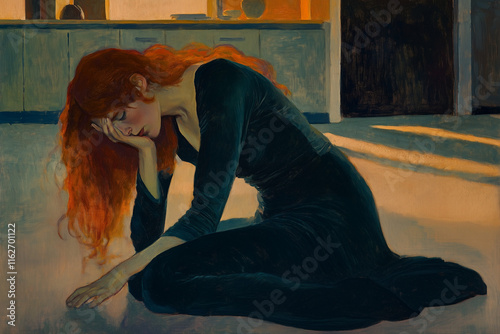 Painting of red-haired young woman in green teal velvet dress sitting on the kitchen floor and crying