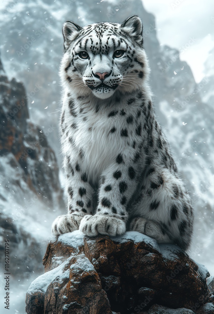 Fototapeta premium Majestic snow leopard perched on a snow-covered rock in a mountainous winter landscape.