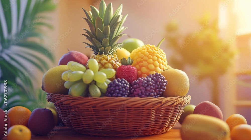 Fresh Fruits in a Basket with Golden Hour Light