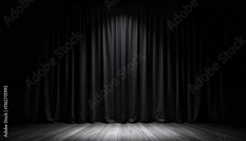 Black curtain with spotlight on wooden stage