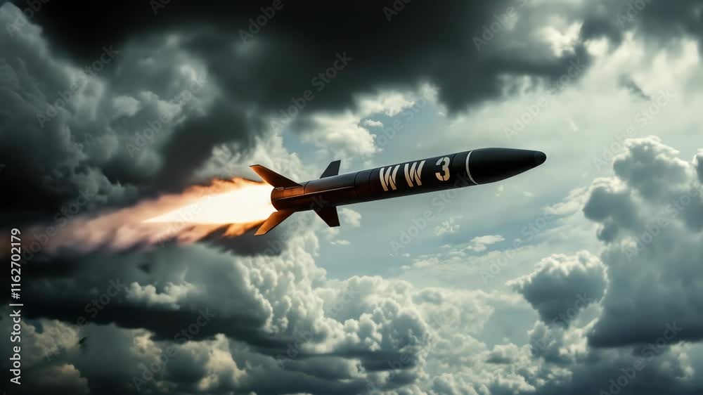 Missile labeled WW3 soaring through stormy skies with fiery propulsion, symbolizing global conflict and warfare. Missile labeled WW3 soaring through stormy skies with fiery propulsion, symbolizing global conflict and warfare.