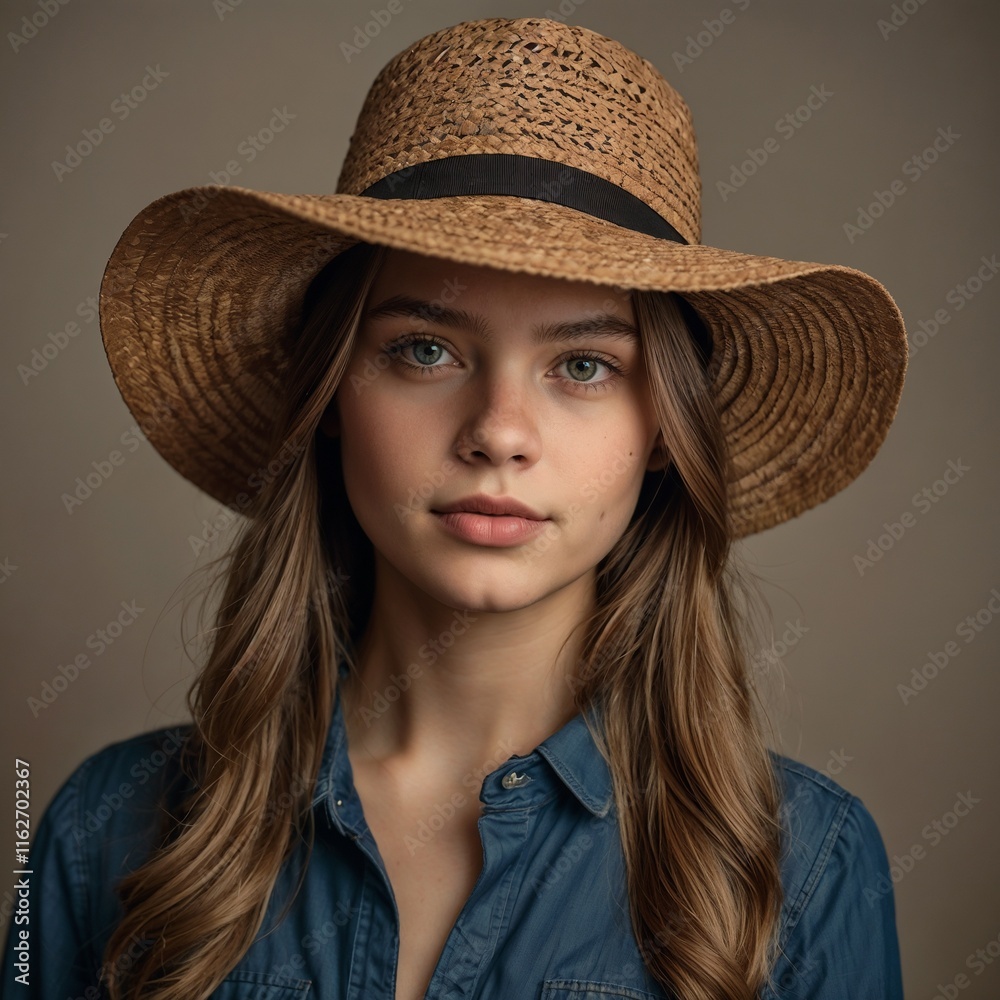 Young woman with a calm mood wearing a straw hat against a neutral background Young woman with a calm mood wearing a straw hat against a neutral background