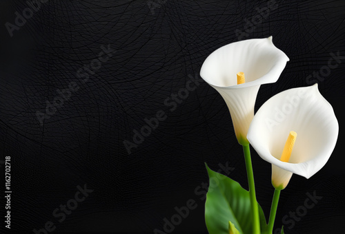 Black leather texture background with white calla flowers, condolence card design